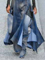 Cyflymder  Fashion Women's Denim Skirt High Waist Sexy Patchwork Irregular M-Shaped Slit Elegant Party Skirt Y2K Fashion Skirt