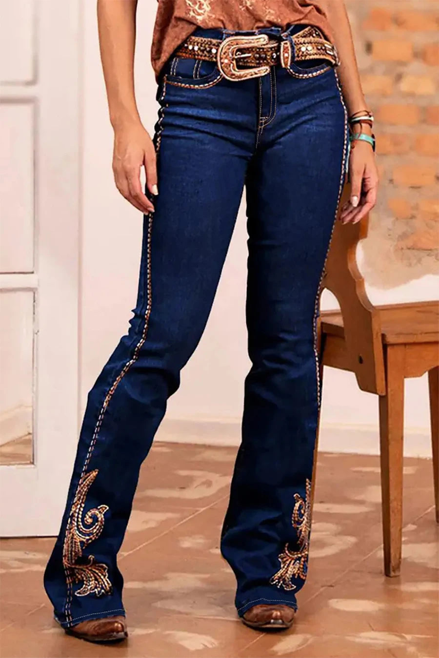 Cyflymder  [Classy Cowgirl Jeans] Women's High-waist Stretch Flare Jeans, Elegant Slim Fit, Embroidered Flora and Paisley Bell Bottoms
