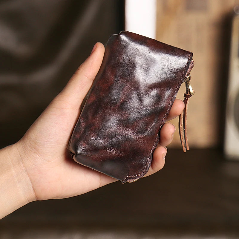 Cyflymder Handmade Original Genuine Leather Short Coin Purse Wallet Male Zipper Simple Mini Small Purse Key Bag Coin Wallet Card Bag