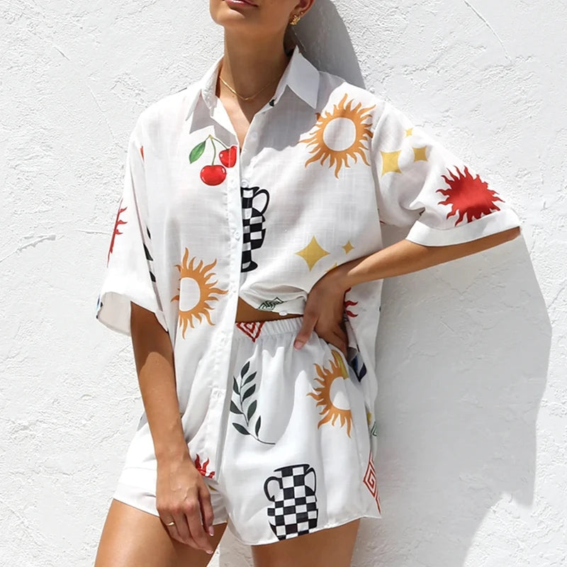 Cyflymder  Boho Beach Style 2 Piece Outfits Fashion Printed Short Sleeve Button Up Blouse Tops + Shorts Set Women Lounge Matching Beachwear