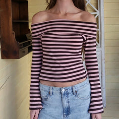 Cyflymder  Women Striped Long Sleeve Shirts Fold-Over Off Shoulder Tops Going Out Crop Sexy Slim Fitted Y2K Fall Outfits Fashion Clothes