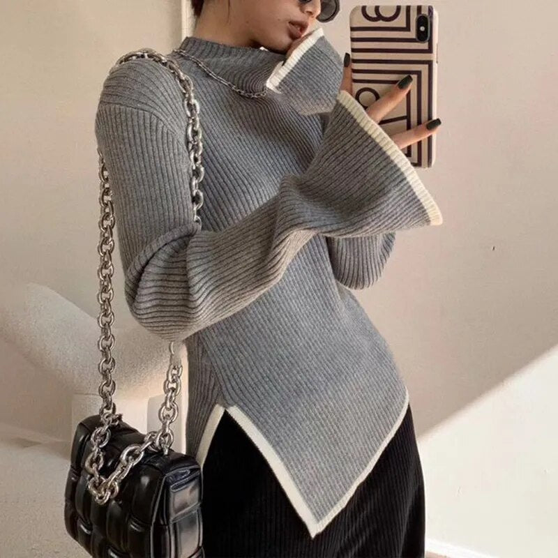 Cyflymder Turtleneck Side Slit Pullover Contrasting Colors Autumn Winter Women Style Top Self-cultivation Sweater Pagoda Sleeve Slim