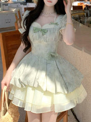 Cyflymder  Spring French Sweet Lace Ruffle Mini Dress Women New Kawaii Bubble Sleeves Slim Fairy Dresses Aesthetic Elegant Fashion Outfits
