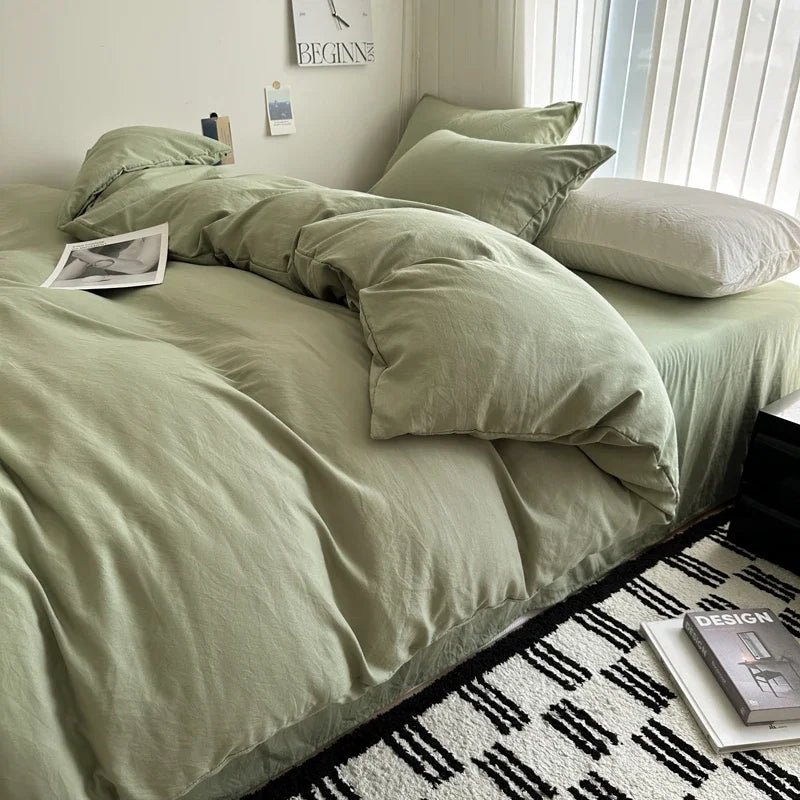 Cyflymder  Bed Linen Solid Cotton Bedding Set with Sheet Duvet Cover Pillowcases Single Couple Bedsheet King Queen Double Twin Size