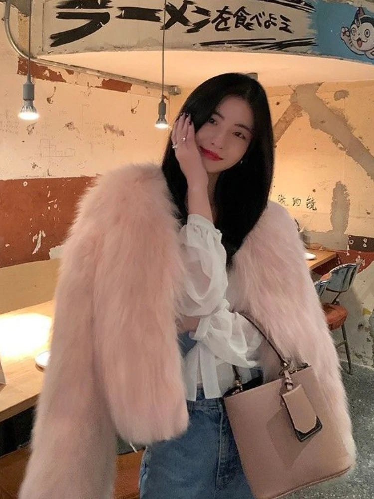 Cyflymder Autumn and Winter New Imitation Fox Fur Grass Women's Winter Short Style Temperament Coat Thick Open Collar Plush Jacket