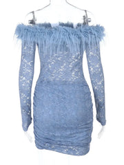 Cyflymder  Off Shoulder Lace Blue Pencil Dress Women Trend Long Sleeve Sexy Elegant Evening Party Skinny Stretch Mini Bodycon Dresses 2026