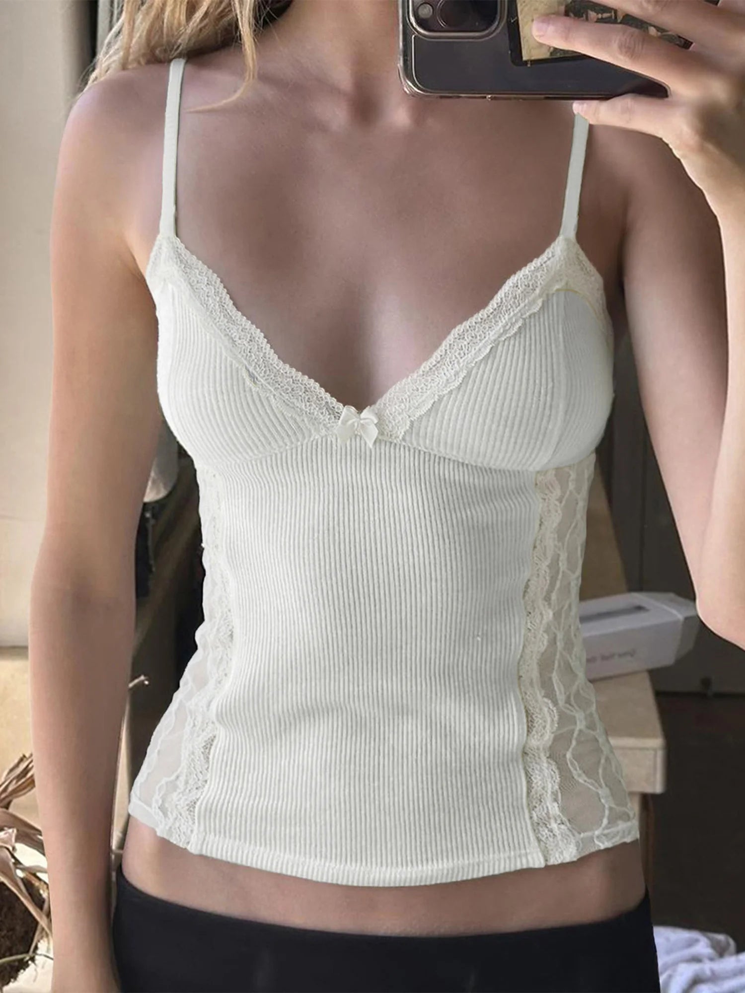 Cyflymder  Elegant Floral Embroidered Tank Tops Stylish Sleeveless V-Neck Blouse Chic Lace Trimmed Camisole Fashionable Summer Shirts with