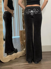 Cyflymder  Autumn Casual Slim Embroidery Solid Slight Strech Low Waist FLARE PANTS