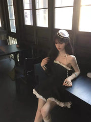 Cyflymder  Sweet Hot Girl Pure Sexy Black Strapless Dress for Women's Summer Slim Fit Ruffled A-line Short Dress Fashion Female Clothes