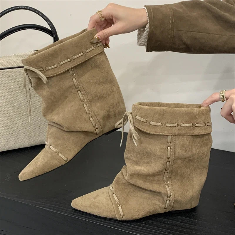 Cyflymder  Autumn Winter Soft Suede Pointed Toe Ankle Boots Women Fashion Lace Up Punk Style Modern Short Boots Ladies Wedges Party Heels