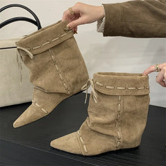 Cyflymder  Autumn Winter Soft Suede Pointed Toe Ankle Boots Women Fashion Lace Up Punk Style Modern Short Boots Ladies Wedges Party Heels