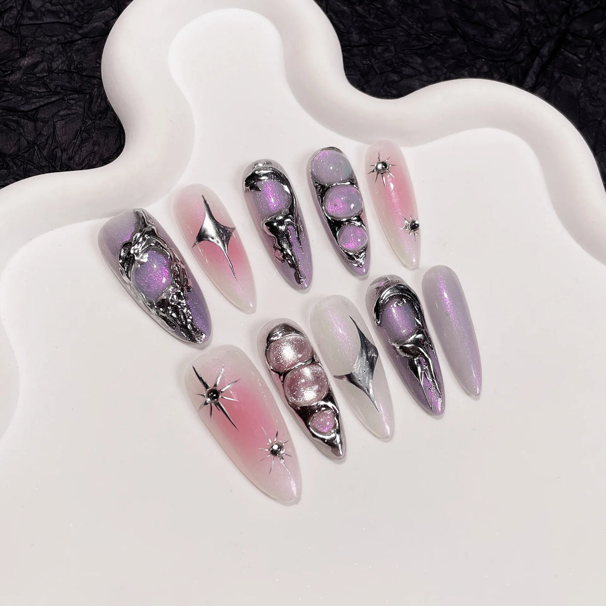 Cyflymder  10Pcs Gold Line Handmade Almond Press on Nails Rhinestone Full Cover Fake Nails Metal Manicure Wearable Artificial Nail Tips Art