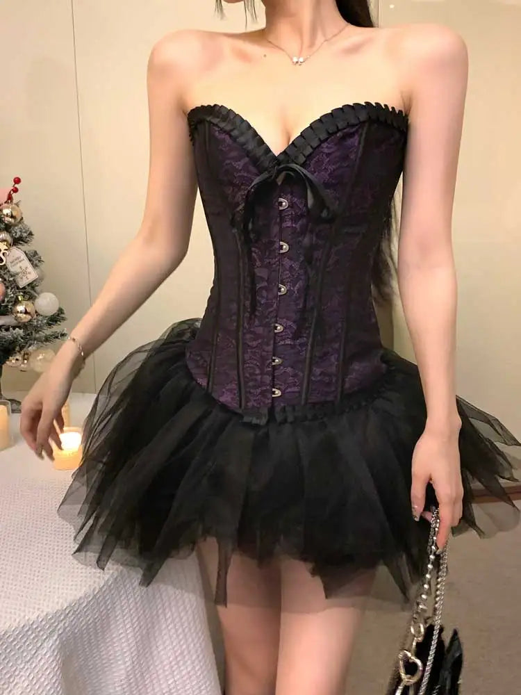 Cyflymder DRESS TO IMPRESS Overbust Corset Tulle Tutu Women 2-piece Set Hooks & Eyes Boned Lace-up Textured Tube Top Puffy Miniskirt Goth Outfits