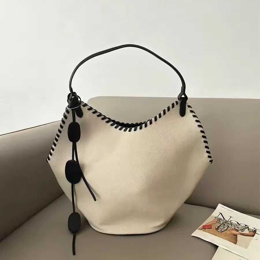 Cyflymder  Fashion Off White Tote Bag Women Woven Handle Canvas Large Capacity Handbag Ladies Casual Commuter Versatile Shoulder Bucket Bag