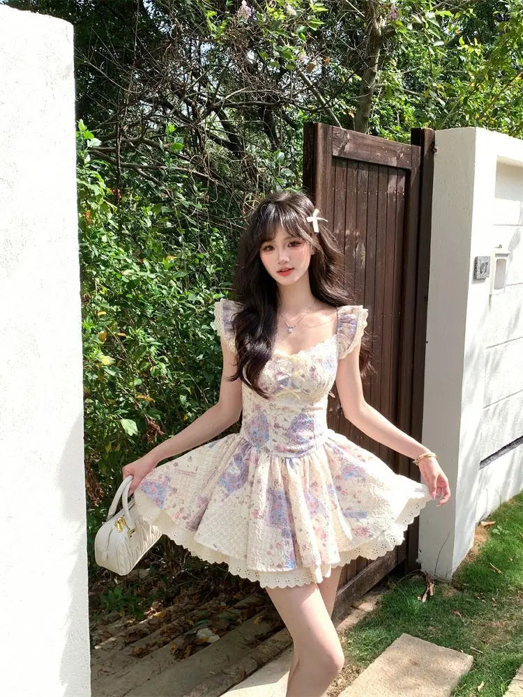 Cyflymder  New French Flutter Sleeve Dress Women Lace Trim Flared Skirt Sweet Cute Mini Length Slimming A Line Silhouette Princess Party