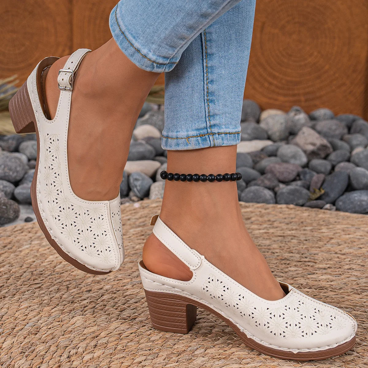 Cyflymder  Summer New Women High Heel Sandals Comfortable Rubber Sole Shoes Large Size 43 Roman Style Round Toe PU Leather Slip-On Sandals