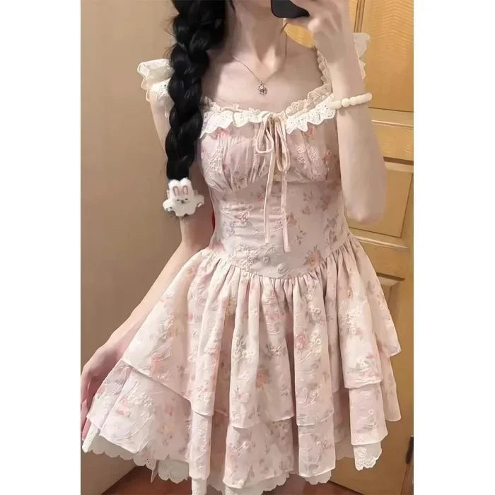 Cyflymder  Floral Print Princess Skirt Dress Women Summer New Style Fairy Tale Puffy Sleeve Short Waist Cinched Dresses Female Clothing