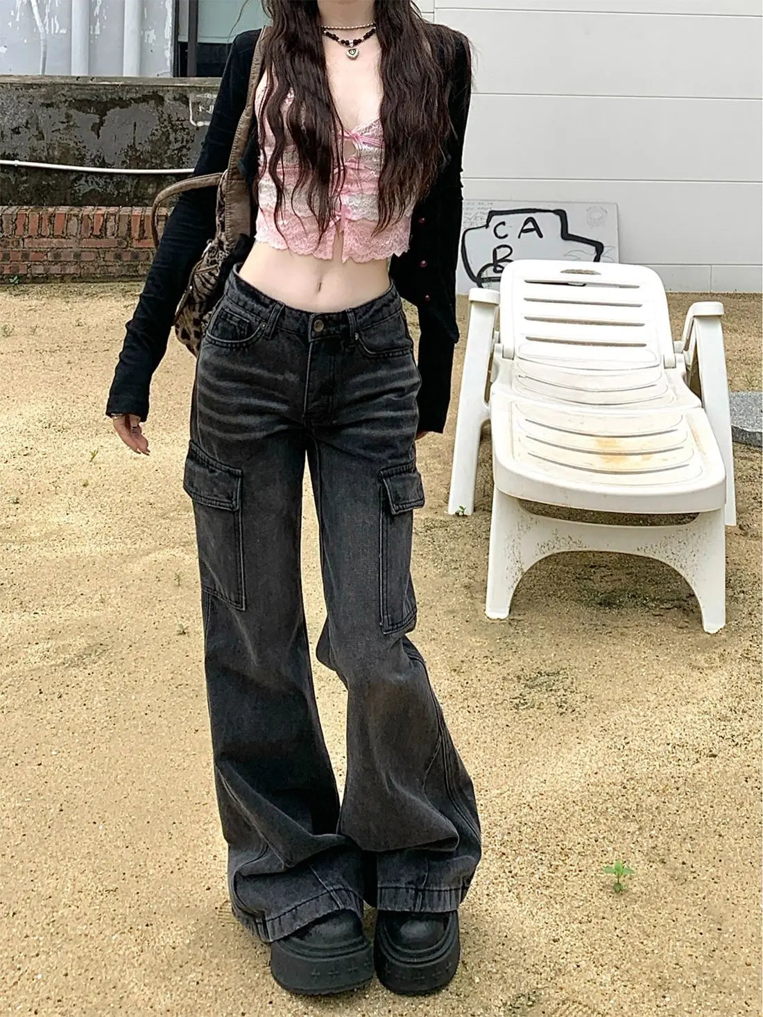 Cyflymder  High Street Retro Black and Gray Jeans Women's Pants Autumn Loose Wide-leg Pants Straight Flared Trousers Y2k Sweet Punk Pant