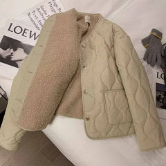 Cyflymder  Lamb Wool Cotton-padded Quilted Coats Women Wool-liner Warm Diamond Grid Jacket Lightweight Single-breasted Winter Short Coats