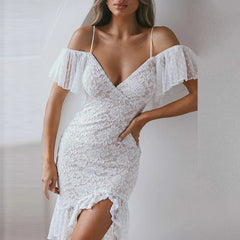Cyflymder  Women Sexy V Neck Hollow Sling Long Dress Spring Embroidery Lace Ruffles Split Mermaid Dress Summer Off Shoulder Irregular Dress
