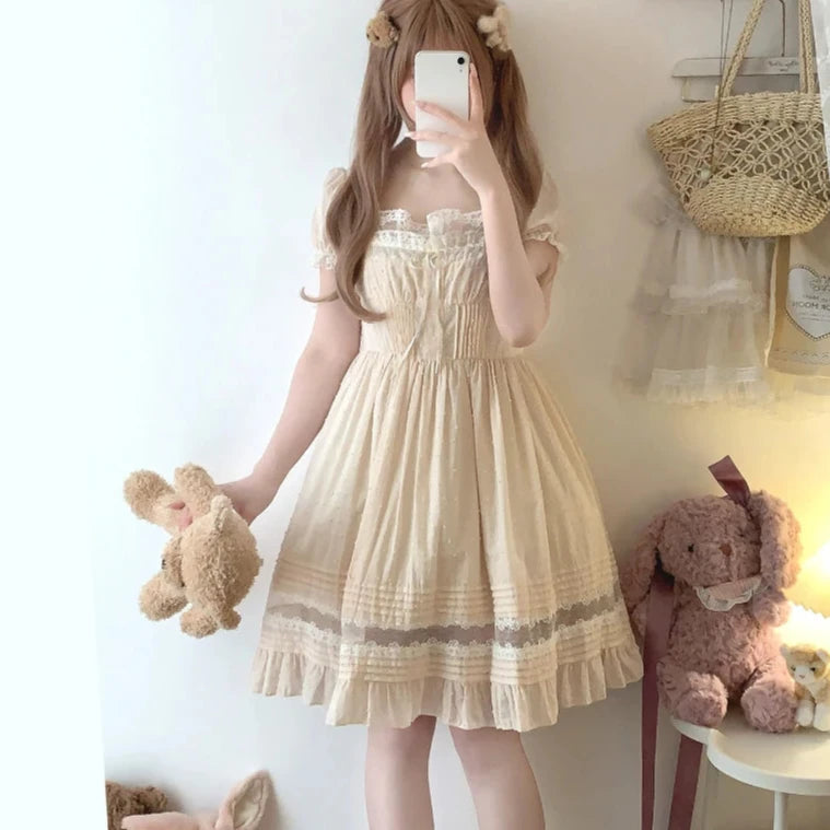 Cyflymder Sweet Elegant Lolita Mini Dress Women Japanese Kawaii Cute Lace Square Neck Fairy Dresses Korean Summer Party Princess Dresses