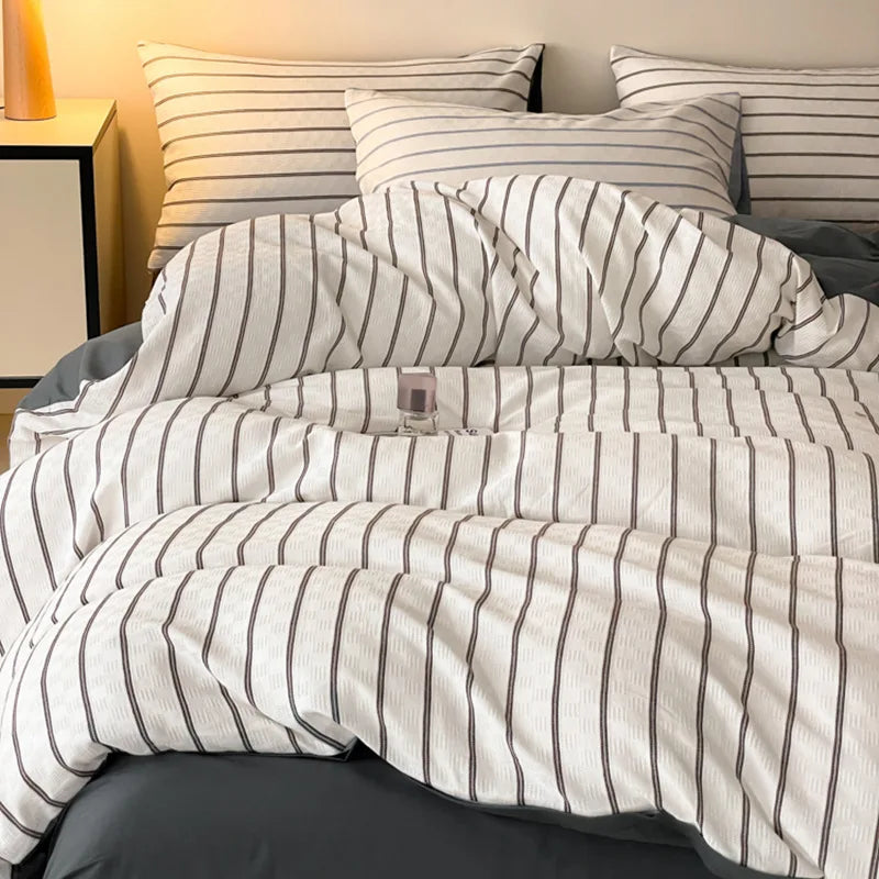 Cyflymder  60S Striped Pure Cotton Bedding Sets High-End Japanese Jacquard Quilt Cover Kit Skin-Friendly Home Textiles for Single Double