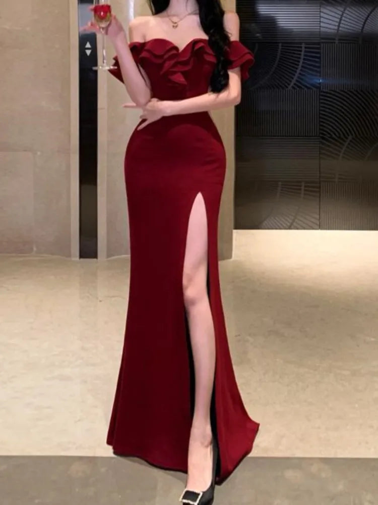 Cyflymder Christmas DRESS TO IMPRESS Sexy Bodycon Long Dresses for Women Wedding Evening Party Prom Robe Ruffles Slash Neck High Split Hollow Out Summer New Vestido