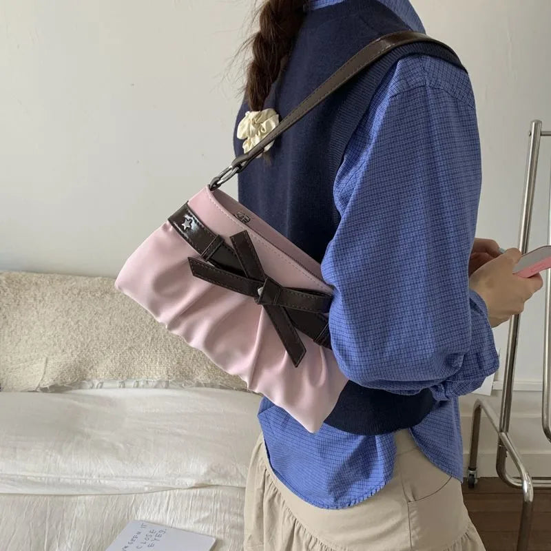 Cyflymder  Korean Hot Girl Bow Studded Handbag Women Simple Design Sweet Shoulder Bag Ladies Elegant Fashion Underarm Purse Y2k Aesthetic