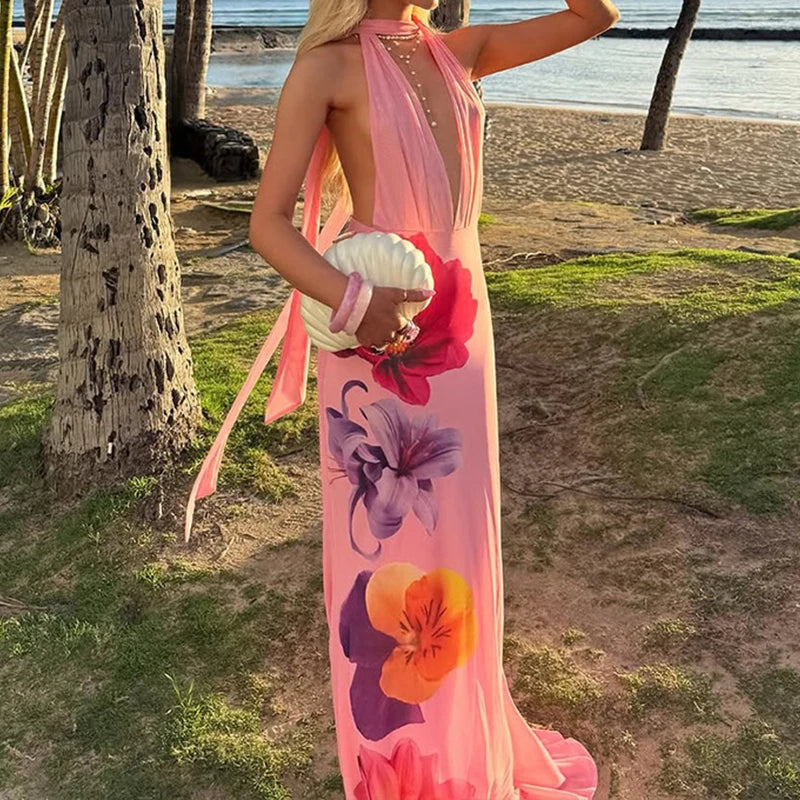 Cyflymder  Summer Floral Print Beach Party Dress Women's Sexy Halter Backless Hollow Out Vacation Dress Elegant Hight Waist Slim Long Dress