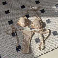 Cyflymder  Women's Triangle Bikini Set with Pearl Decor, Halter Tie Top & Thong Bottoms, Sexy High Cut Swimwear for Summer Beach Pool Party