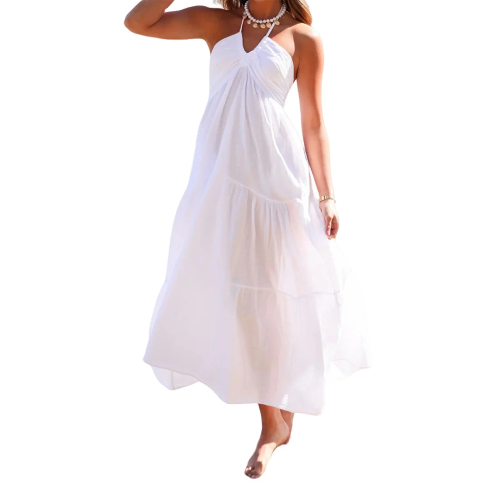 Cyflymder  Elegant Sleeveless V-Neck Maxi Dress with Floral Print and Ruffle Hem for Summer Beach Wedding Party Vacation Wear