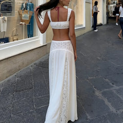 Cyflymder  Women 2 Piece Outfit Set y2k Clothes White Tie-up Cami Tops and Lace Patchwork Low Rise Long Skirt 2000s Party Clothing