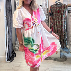 Cyflymder  Women's Summer A-Line Dress Floral Print Short Puff Sleeve Tie Front V-Neck Loose Fit Shirt Babydoll Dress Holiday Beach