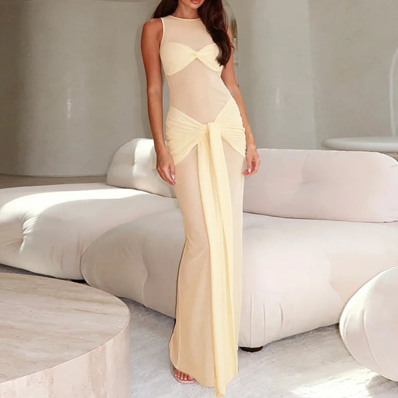 Cyflymder  Summer Sleeveless Thin Gauze Twist Banquet Dress Sexy Slim Solid O Neck Wrap Hips Dress Chic Womens High Waist Ribbon Long Dress