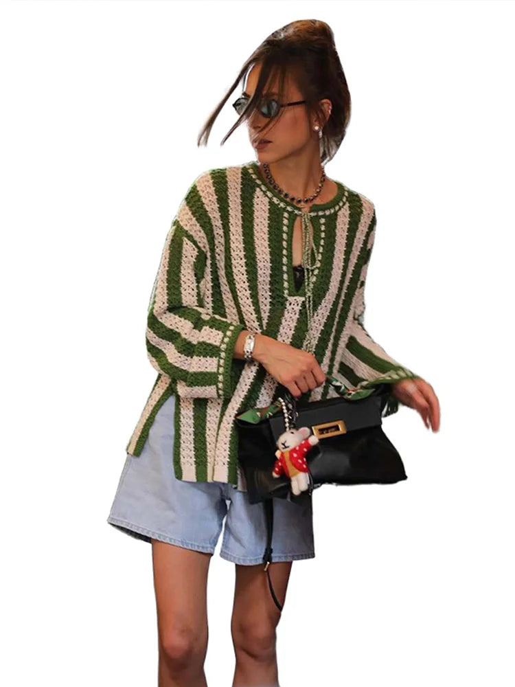 Cyflymder  Elegant Knitted Stripe Pullover Women Loose Long Sleeve V-neck Lace Up Contrast Sweater Female 2025 Fashion Autumn Street Top