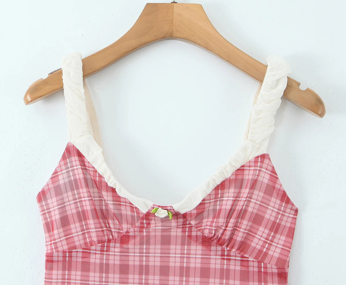 Cyflymder  2 pieces 1 set 2025 Sexy Mesh Plaid Contrast Color Elastic Strap Camisole Tank top + Ruched Low Waist Mini Shorts Skinny Suits
