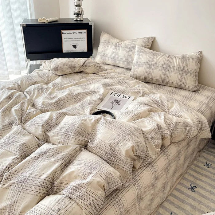 Cyflymder  Fashion Pure Cotton Grid Pattern Bedding Sets Skin Friendly Comfortable Bed Sheet Set for Adults Dormitory Home Quilt Cover Kit
