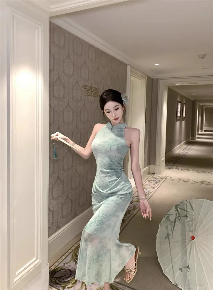 Cyflymder  Sexy Dresses Women Temperament Elegant Floral Printed Stand Collar Slim Stretch Summer Fashion Elegant Dress Female Party
