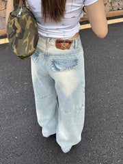 Cyflymder  American High Street Women's Blue Wide Leg Jeans Fall Fashion High Waist Loose Fit Slimming Patchwork Flared Floor Length Pants