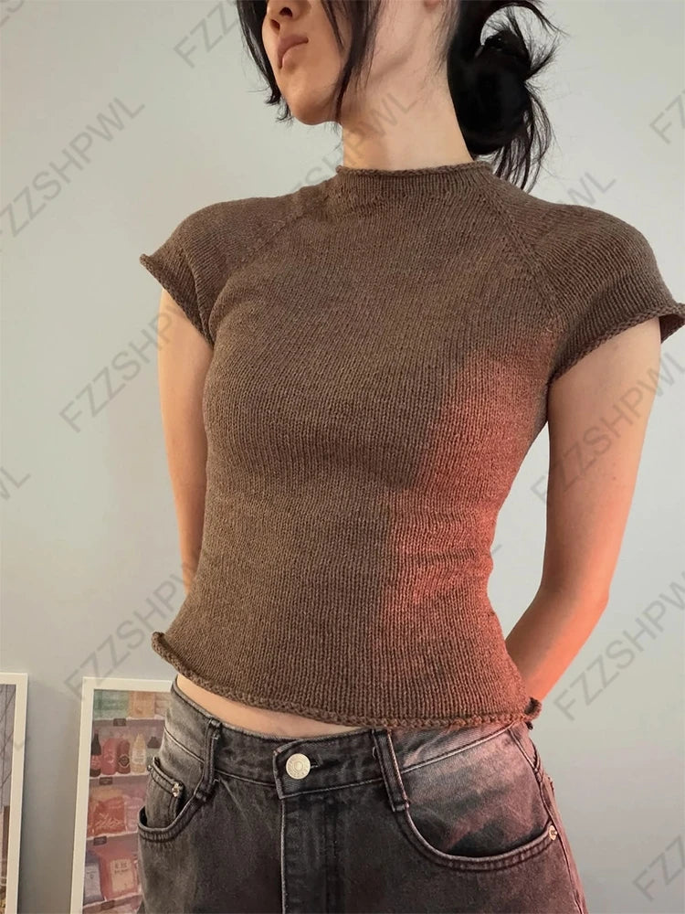 Cyflymder  New Autumn Winter Maillard Style Women's Y2K Millennium Knitted Short-Sleeve Pullover Casual Slim Fit Fashion Crop Sweater