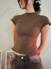 Cyflymder  New Autumn Winter Maillard Style Women's Y2K Millennium Knitted Short-Sleeve Pullover Casual Slim Fit Fashion Crop Sweater