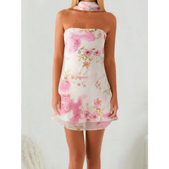 Cyflymder  Women's Y2K Summer Mini Dress Floral Print/Solid Color Sleeveless Strapless Dress Backless Bodycon Tube Dress Clubwe