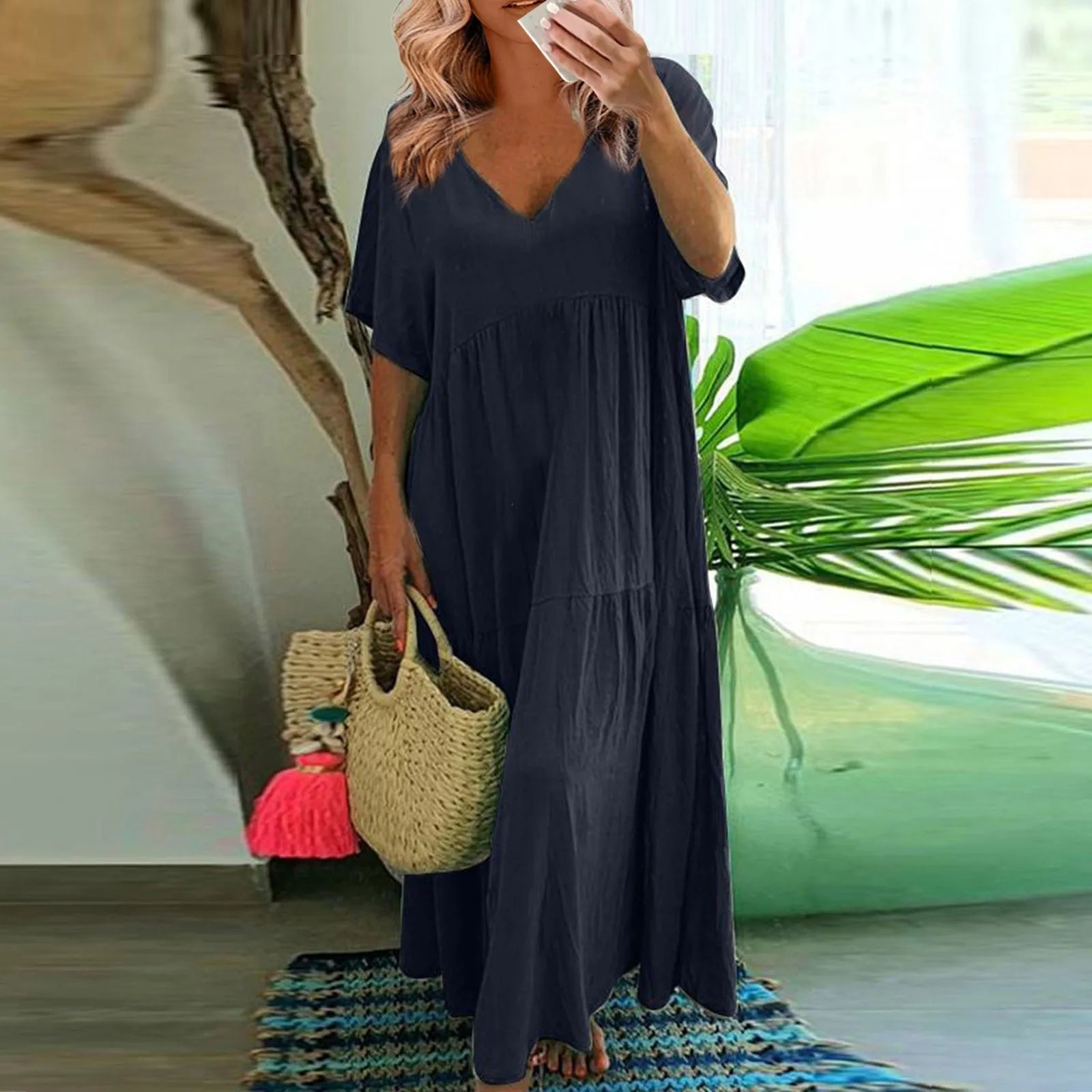 Cyflymder  Casual Summer V-Neck Short Sleeve Pleated Solid Color Casual Midi Dress Hem Loose Dress Loose Large Swing Short-sleeved Dress