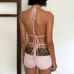 Cyflymder  Sexy Leopard Printed Contrast Color Two Pieces Set Summer Holiday Beach Style Backless Mini Top And Low Waist Short Outfits New