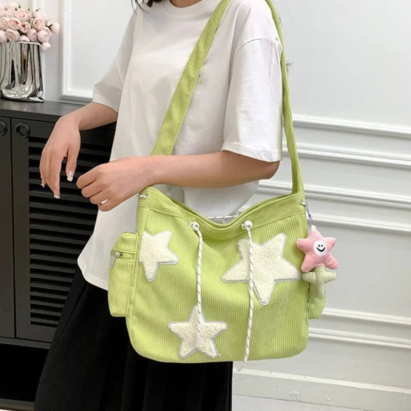 Cyflymder Women Star Pattern Corduroy Crossbody Bag Casual Tote Lady Simple Large Capacity Shoulder Bag Girl Travel School Bookbag Handbag