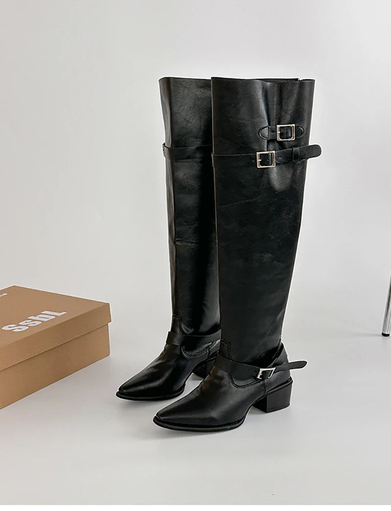Cyflymder  Autumn Vintage Thick Heel Women Knight Boots Fashion Belt Buckle Shoes Ladies Elegant Pointed Toe Mordern Knee High Booties