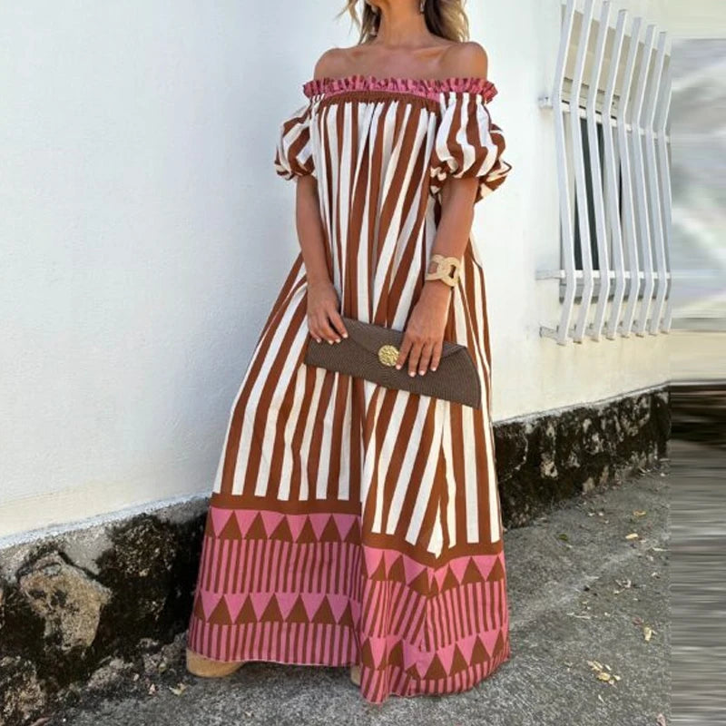 Cyflymder   Casual Striped Print Backless Travel Vacation Dress Trendy Bubble Sleeve Loose Dress Elegant One Neck Off Shoulder A-List Dress