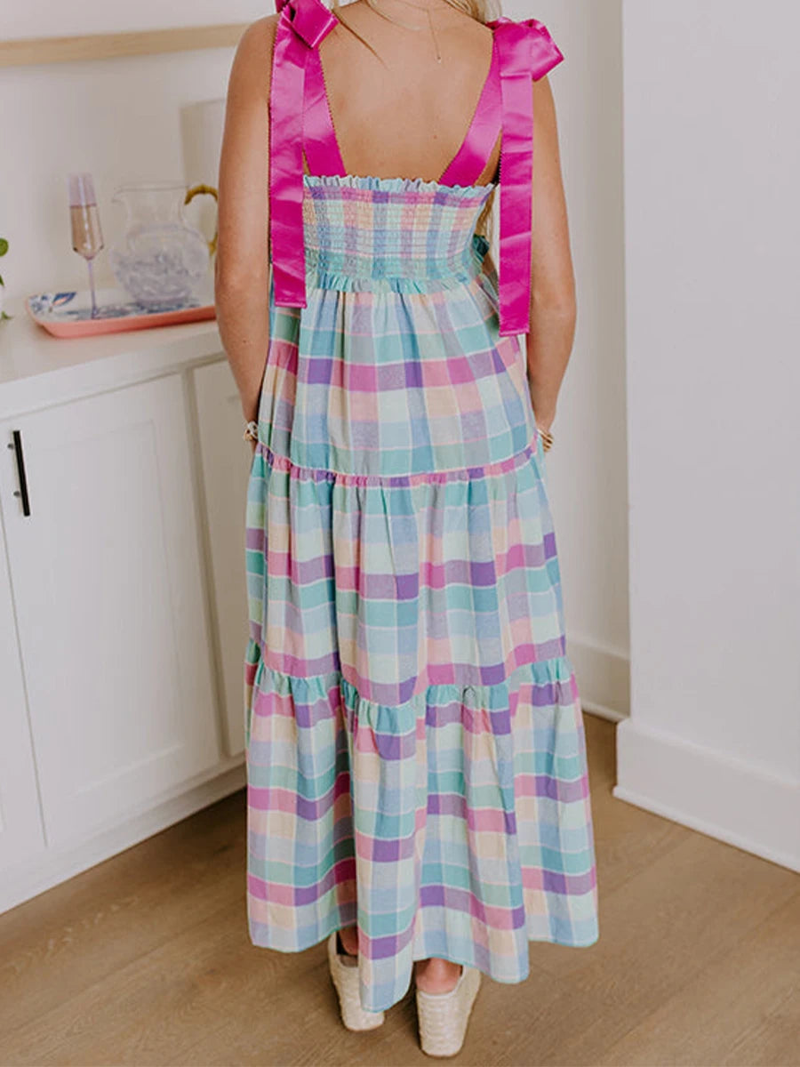 Cyflymder  Elegant Sleeveless Maxi Dress with Tie-Shoulder Detail and Ruffled Trim in Chic Plaid Pattern for Women s Fashion