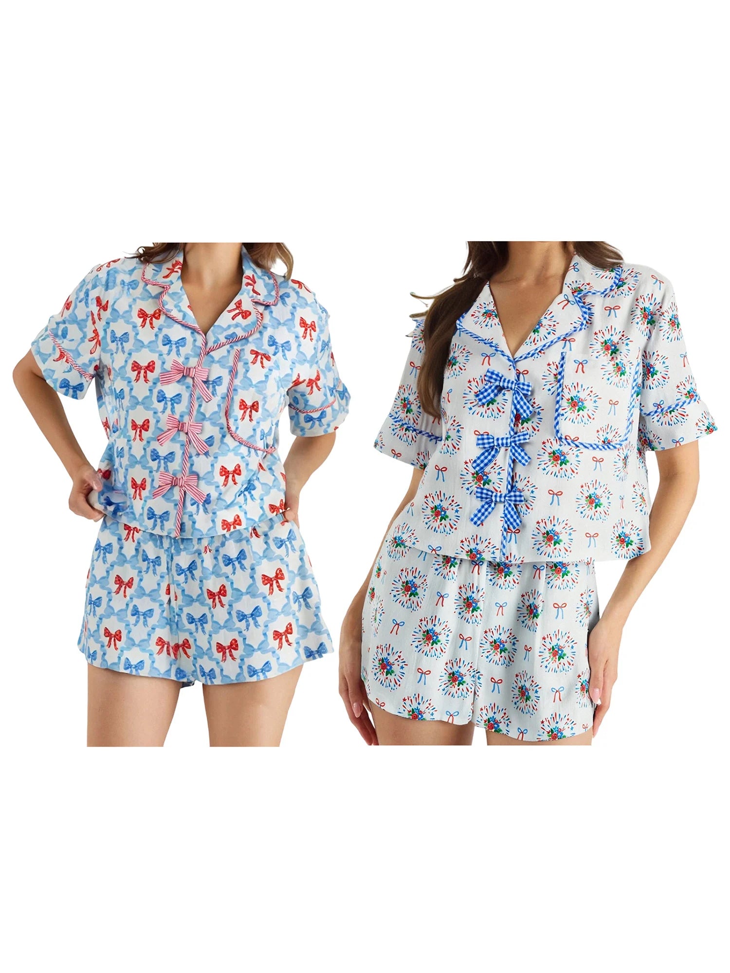 Cyflymder  Women s 2 Piece Pajama Set Adorable Short Sleeve Top with Bow Detail Comfortable Elastic Waist Shorts Lounge Wear Set for