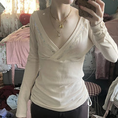 Cyflymder  Autumn vintage gentle style cross deep V-neck rhinestone strip backless sexy drawstring slim fit long sleeved T-shirt